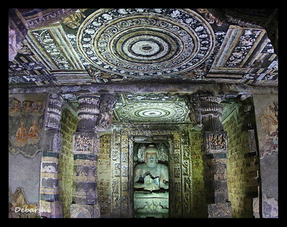 Ajanta Caves Mandala and Buddha Statue in Cave 2
