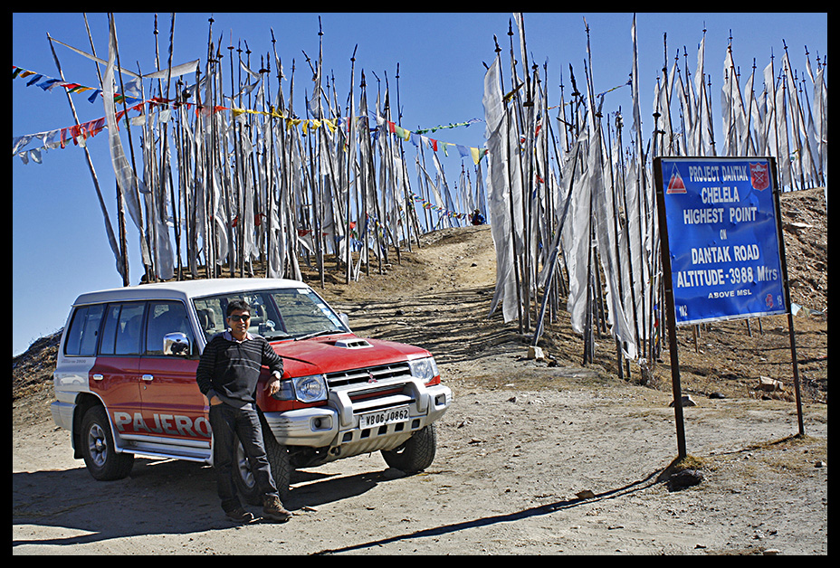 Debarshi and the Red Rackham atop the Chele La at 3988 metres in Bhutan