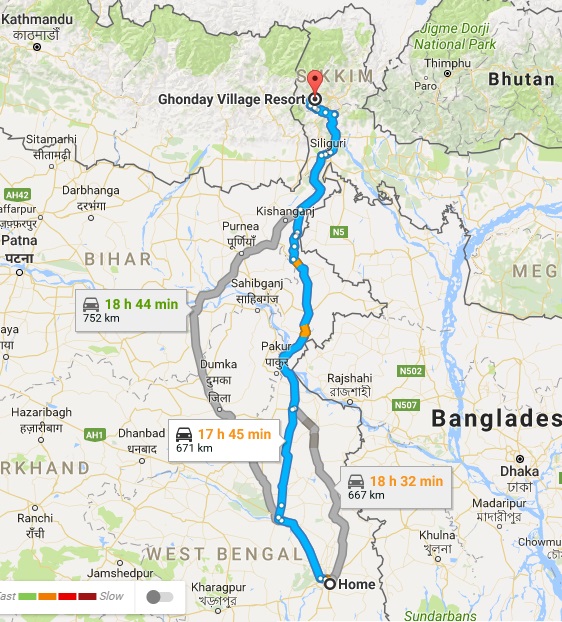 Route from Kolkata to Sikkim